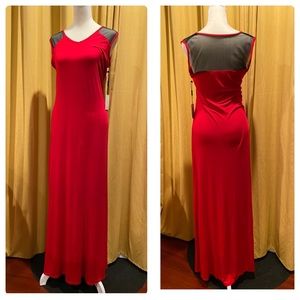 Calvin Klein Cherry/Black Mesh Stretch Maxi Dress